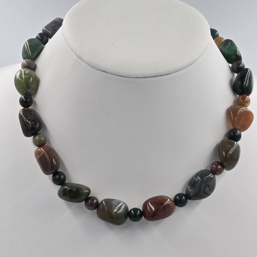 Polished Gemstone Beggars Bead Necklace Chunky Choker 16" - Picture 2 of 6